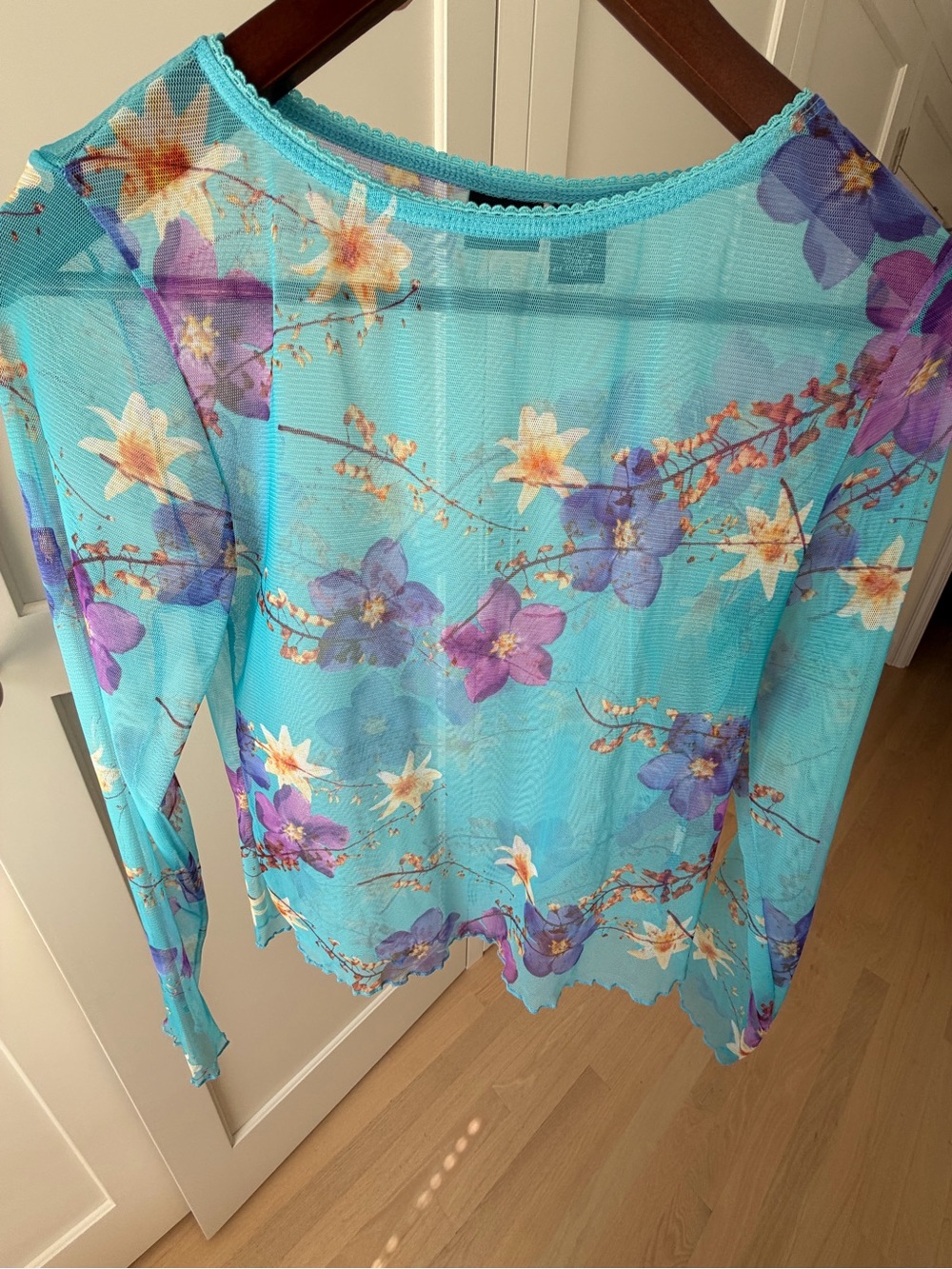 ⭐️Xhilaration Floral Mesh Top Turquoise Purple Long Sleeve Size M Y2K⭐️